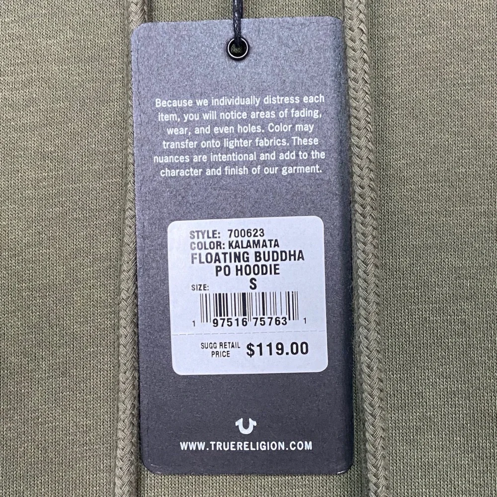 True Religion Buddha Floating PO Hoodie Pullover Olive Green Mens Size S‎ NWT